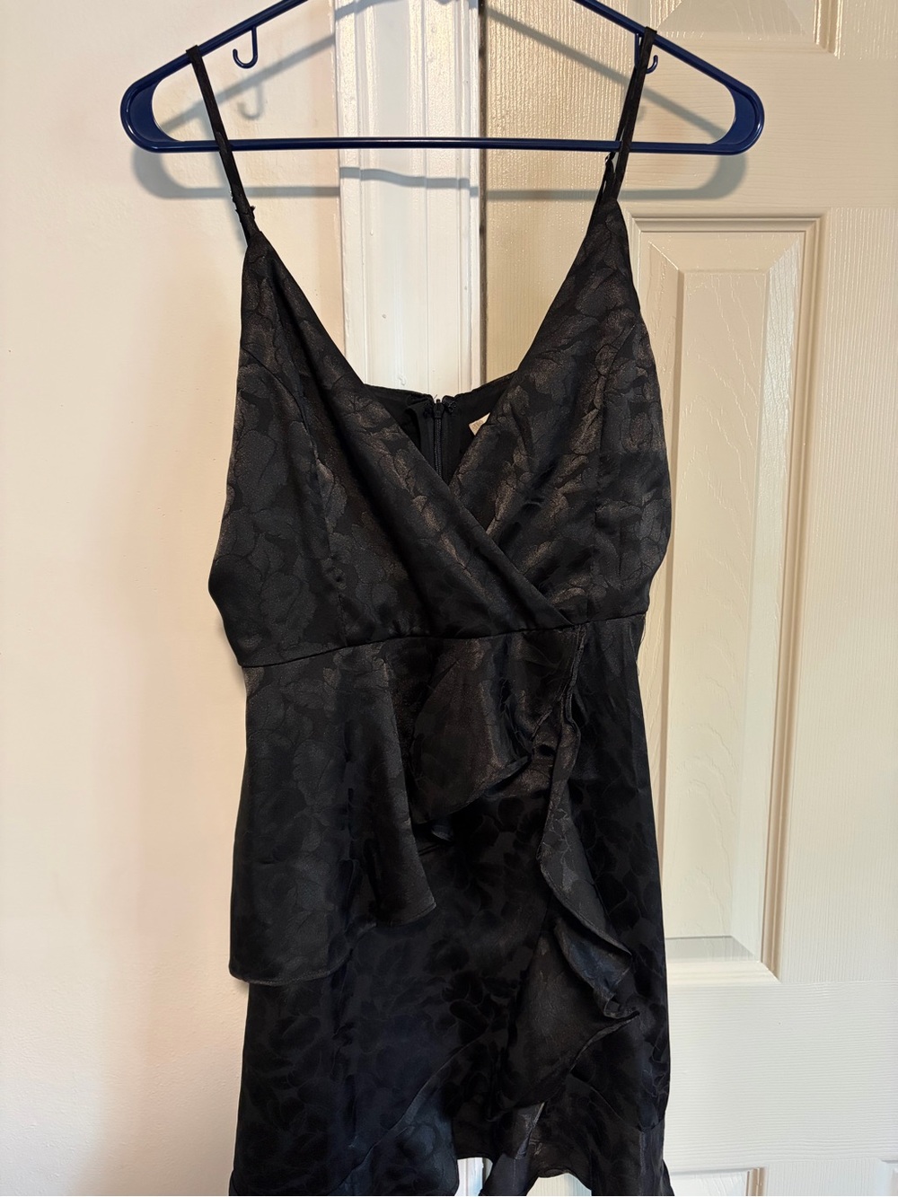 Altar'd State Black Floral Satin Ruffle Mini Dress